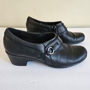 Clarks Collection Black Leather Block Heel Shoes, Size 8.5 Comfort
